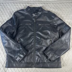 Guess Men's Black Faux-Leather Full-Zip Moto Coat Jacket Size Large